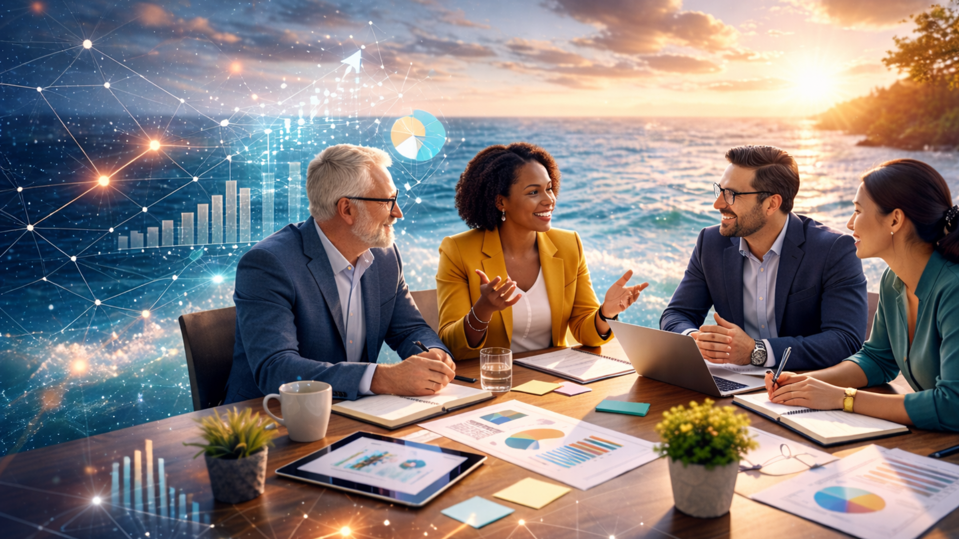 Executives reviewing analytics during a leadership meeting